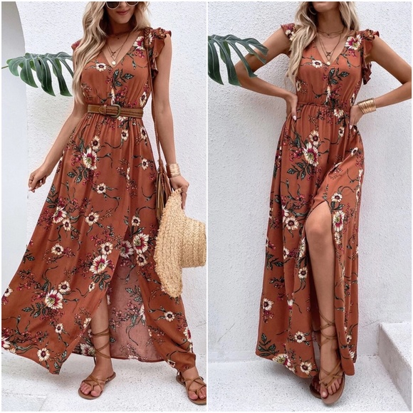 Boho Floral Print Butterly Sleeve Maxi Dress Cottagecore - Picture 3 of 9